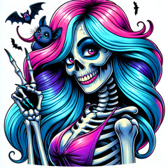 Vibrant Day of the Dead Skeleton with Halloween Pumpkins
