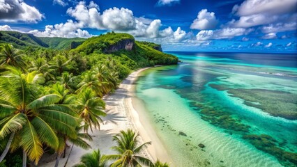 Sandy white beach meets crystal-clear turquoise water along the scenic coastline of Guam Island, surrounded by lush green tropical foliage and swaying palm trees.