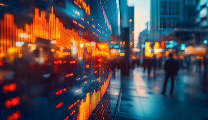 Fototapeta premium Urban setting with glowing stock market data, capturing the essence of financial technology and bustling city life.