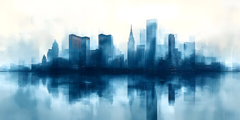 Fototapeta premium A tranquil city skyline silhouette reflecting on water, enveloped in soft blue hues and atmospheric clouds, evoking serenity.