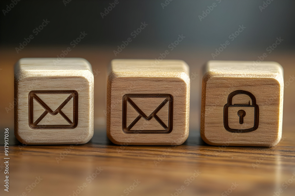 Poster wooden blocks displaying email and lock symbols, representing communication and security in digital 