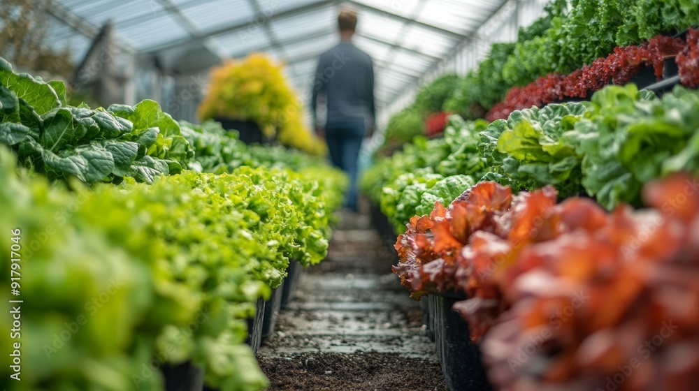 Poster autonomous farm robot assistant walking between rows of green and red salad at modern greenhouse wit