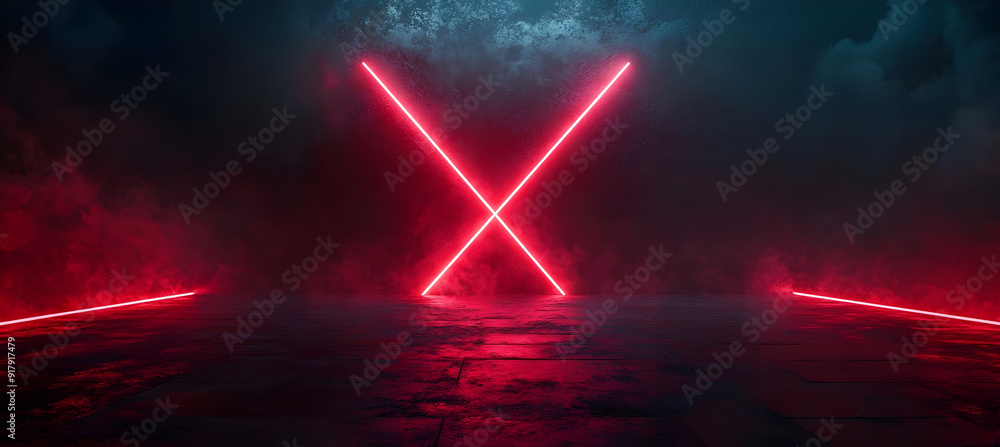 Poster a vibrant scene featuring intersecting red laser beams against a dark, moody background, creating a 