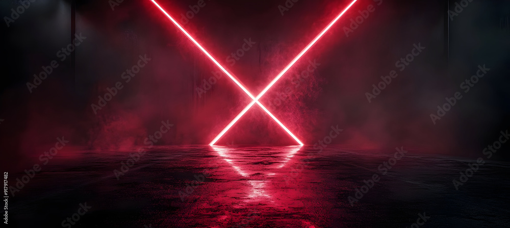 Poster dynamic scene featuring red laser beams intersecting in a dark, smoky environment, creating a futuri