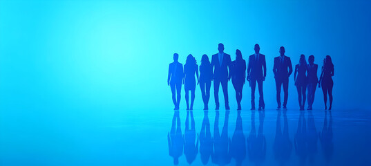 Obraz premium Silhouetted figures against a blue fog, symbolizing unity and diversity in a corporate or creative setting.