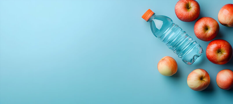Fresh apples and a bottle of water on a blue background, perfect for health and nutrition themes.