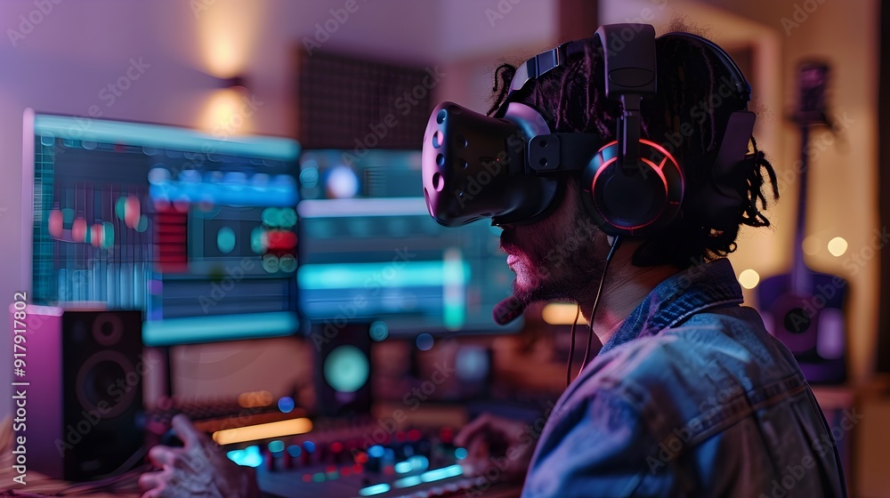 Poster virtual music production studio with vr headset for dynamic and interactive track mixing and composi