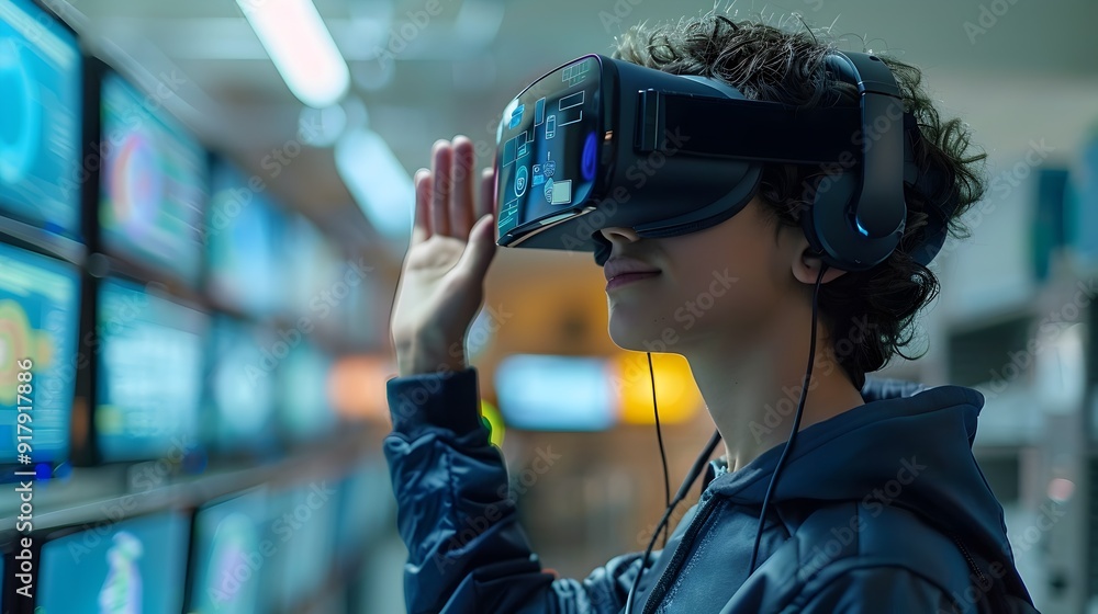 Poster student immersed in virtual science experiments with vr headset for interactive lab simulations