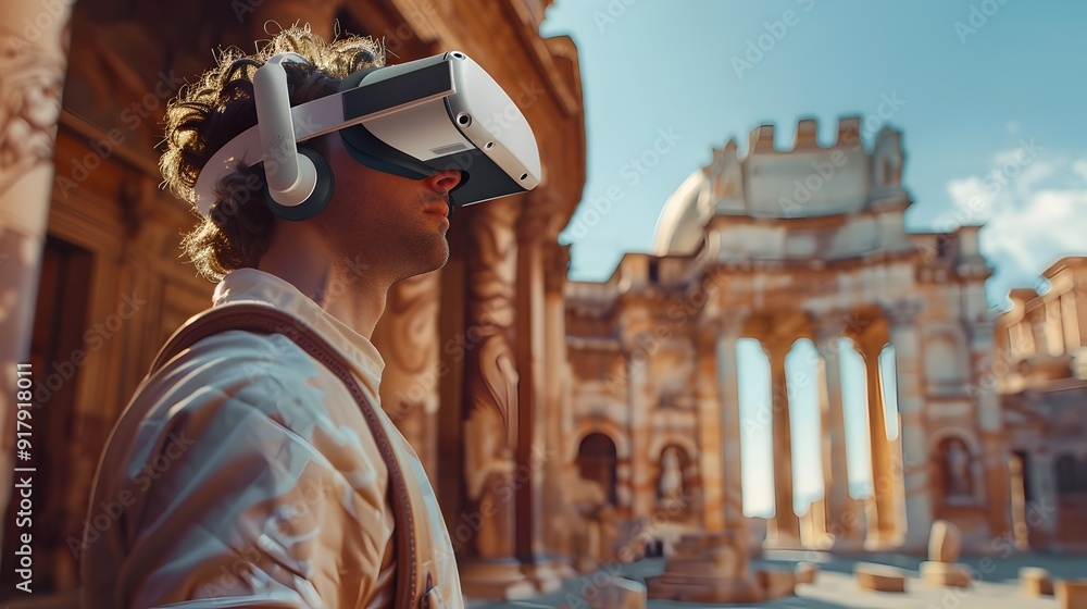 Poster virtual reality headset user exploring detailed ancient city with historical accuracy and interactiv