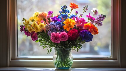 A vibrant bouquet of colorful flowers in a glass vase, placed on a windowsill with a blurred outdoor background, illuminated by soft sunlight.
