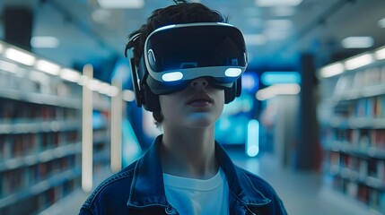 Student Using VR Headset for Futuristic Virtual Classroom Learning Experience