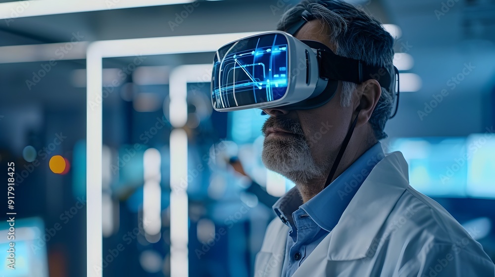 Poster scientist using advanced virtual reality headset for immersive research simulations and data visuali