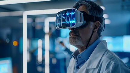 Scientist Using Advanced Virtual Reality Headset for Immersive Research Simulations and Data Visualization