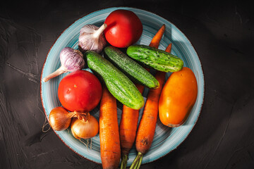 Summer vegetables on a turquoise plate on a dark gray background: tomatoes, cucumbers, carrots, garlic, onions.