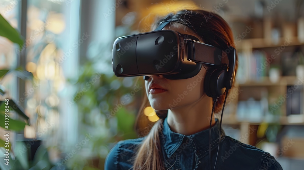 Poster user wearing advanced vr headset exploring tactile virtual environment with feedback