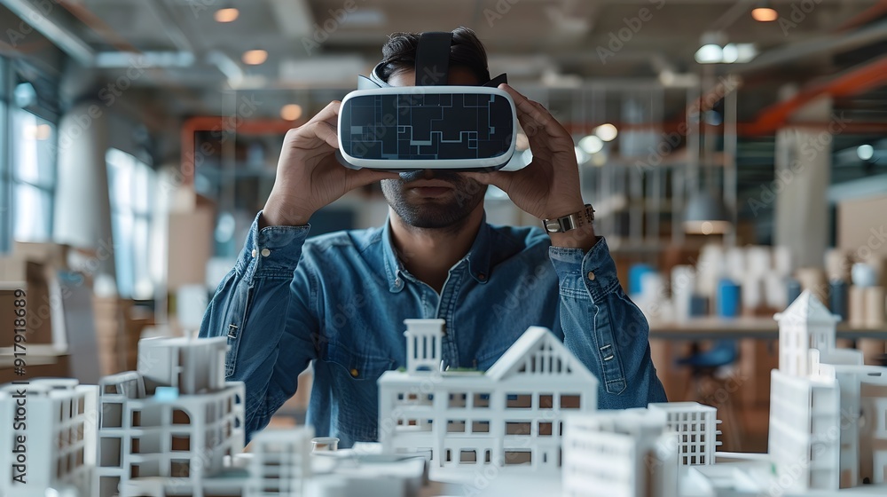 Poster architect using vr headset for virtual building design and 3d architectural modeling