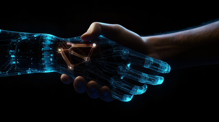 Poignée de mains entre un humain et une intelligence artificielle