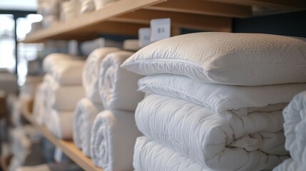 Stacked White Pillows and Towels in Home Goods Store