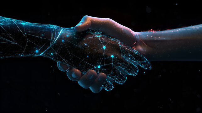 Poign&eacute;e de mains entre un humain et une intelligence artificielle