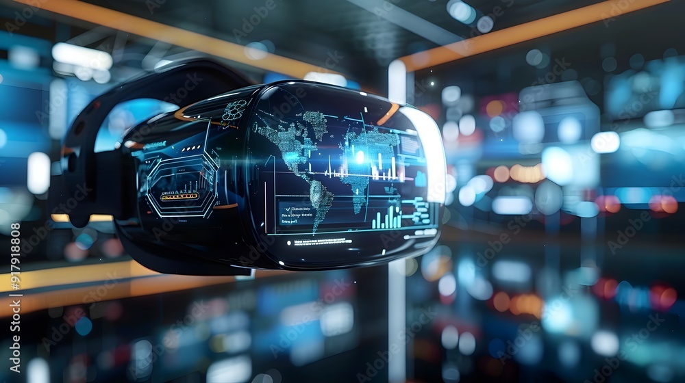 Poster futuristic virtual reality headset showcasing productive and modern workspace with interactive scree