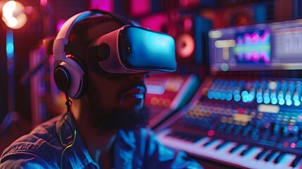 Music Producer Using VR Headset to Create and Mix Tracks in a Virtual Studio with Dynamic and Interactive Music Production