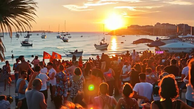 DJ playing music in front of crowd at sunset at a sea view party venue.