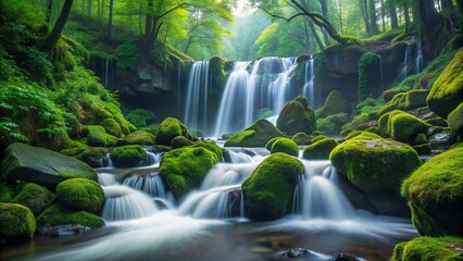 Serene waterfall cascades down moss-covered rocks in a misty forest, symbolizing adaptable and dynamic movement, evoking feelings of tranquility and effortless progress.