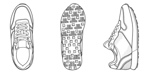 Set of hand drawn sneakers, gym shoes, top view. Image in different views - front, back, top, side, sole and 3d view. Doodle vector illustration.