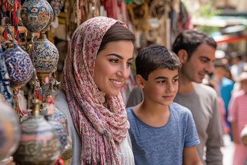 Fototapeta premium Middle Eastern family exploring a traditional market.