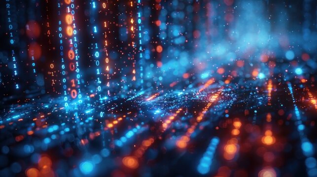 Abstract Digital Data Stream with Blue and Orange Glowing Lines