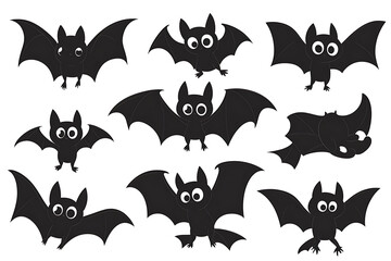 Fototapeta premium Bat in different positions on white background. Black silhouettes of bats.