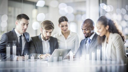A diverse group of professionals collaborating with a background of financial data and growth indicators, emphasizing career development.
