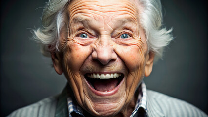 A beaming elderly person flashes a wide, toothy grin, crinkled eyes twinkling with unbridled joy, conveying uncontainable excitement and raw enthusiasm in a heartwarming moment.