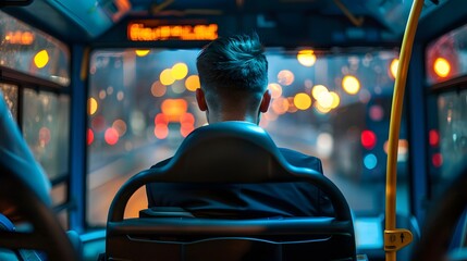 Naklejka premium bus driver in uniform driving the vehicle, viewed from behind on the front seat,