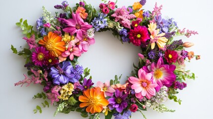 Beautifully arranged floral wreath with vibrant orange, pink, and purple flowers on a light background.