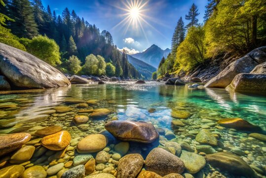 Photo realistic of Half underwater shot of mountain stream with crystal clear water. River water flows between the stones forming baths. Sun rays break through the water and reflected on the stones 
