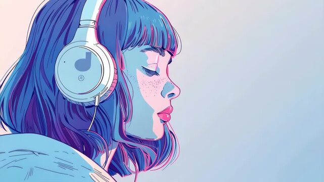 Illustration of a girl with headphones in the lofi style with a purple and blue color palette.