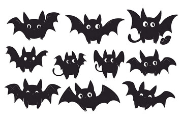Obraz premium Bat in different positions on white background. Black silhouettes of bats.