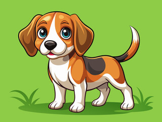 cartoon vector of playful Beagle puppy standing on a green field background. It has floppy ears, bright eyes, and an eager expression, with its tail slightly wagging