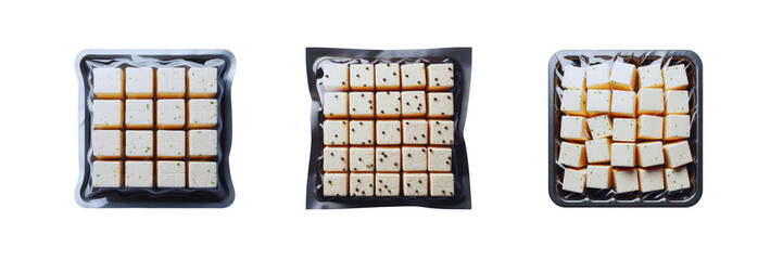 Set of pack of Tofu Cubes in transparent Packaging, isolated over on transparent white background