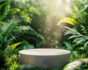 A small, round stone pedestal is surrounded by lush green foliage