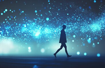 Fototapeta premium Innovative AI Concept Art: The Integration of Knowledge Graphs, Text Classification, and Sentiment Analysis with a Silhouette Striding into the Future.