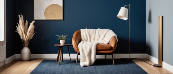 Stylish living room featuring wooden furniture, a cozy armchair with a throw, and a blue accent wall. Perfect for home decor inspiration.