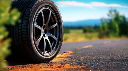 Summer tire on asphalt road in the sun