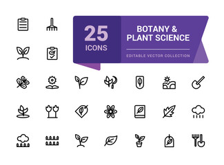 Botany and Plant Science icon set. science laboratory education school learning detailed outline line icon set. Simple editable vector stroke illustration.