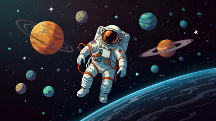 Cartoon Illustration of an Astronaut and Planets Floating in Space – AI-Generated Art