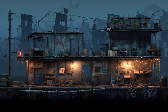 Post-apocalyptic landscape with stilt house, game background asset