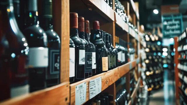 Various wine bottles on shelves in a wine store