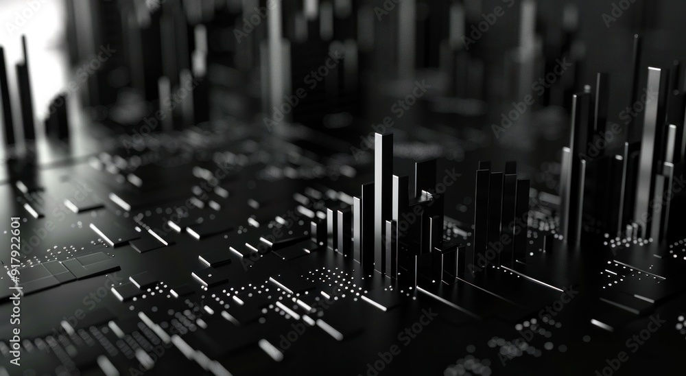 Poster abstract black and white digital cityscape with vertical bars representing data flow on a dark backg