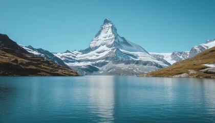 Obraz premium Majestic Snow-Capped Peaks Towering Over Serene Winter Lake: Breathtaking Alpine Landscape Showcasing Nature's Raw Beauty. AI-Generated 4K Wallpaper Blending Winter Wonderland, Holiday Spirit, and Pri